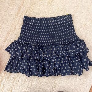 Loft Women Small Navy White Pattern Elastic Smocked Ruffled Mini Skirt Summer